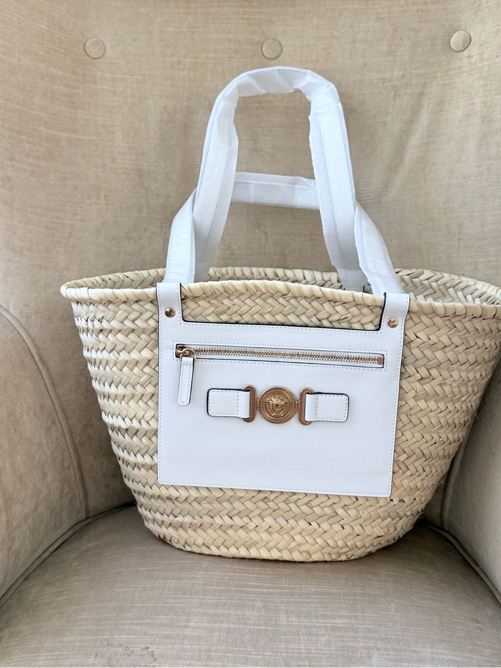 Versace White Leather & Natural Straw Tote Bag